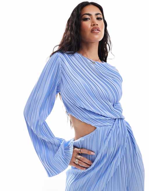 ASOS DESIGN – Plissee-Midikleid in Eisblau mit einem Ärmel und Schlitzdetail, 2 von 4