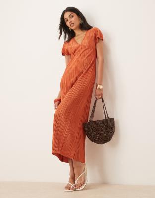 ASOS DESIGN - Plissee-Midikleid in Rostrot mit V-Ausschnitt-Orange