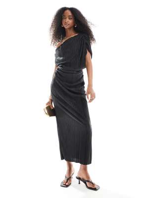 ASOS DESIGN - Plissee-Midikleid in Schwarz mit abfallender Schulterpartie