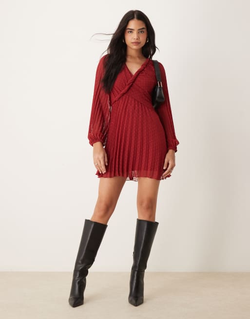 ASOS DESIGN twist detail wrap front pleated mini dress in burgundy