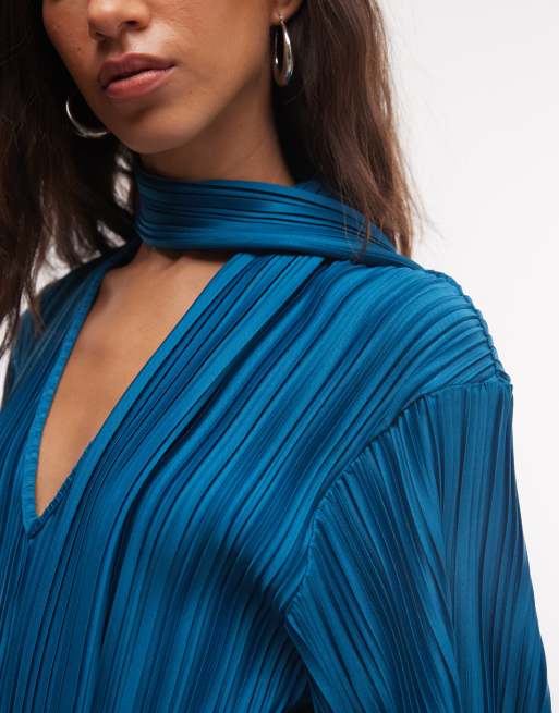 ASOS DESIGN Plissee-Minikleid mit Schal-Detail in Petrol, 3 von 4