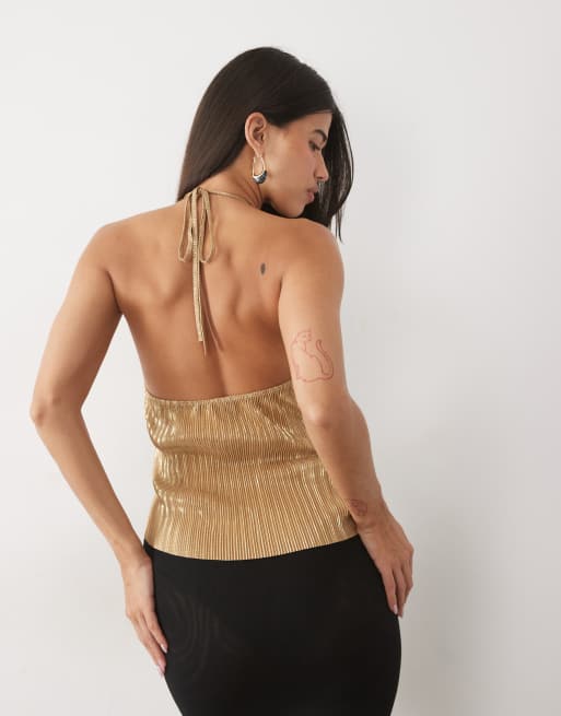 ASOS DESIGN plisserad halterneck-topp med sammetsrosett i guld, 4 av 4