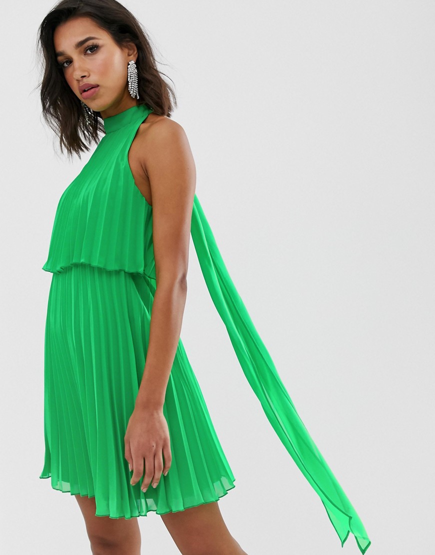 ASOS DESIGN – Plisserad miniklänning med halterneck-Grön