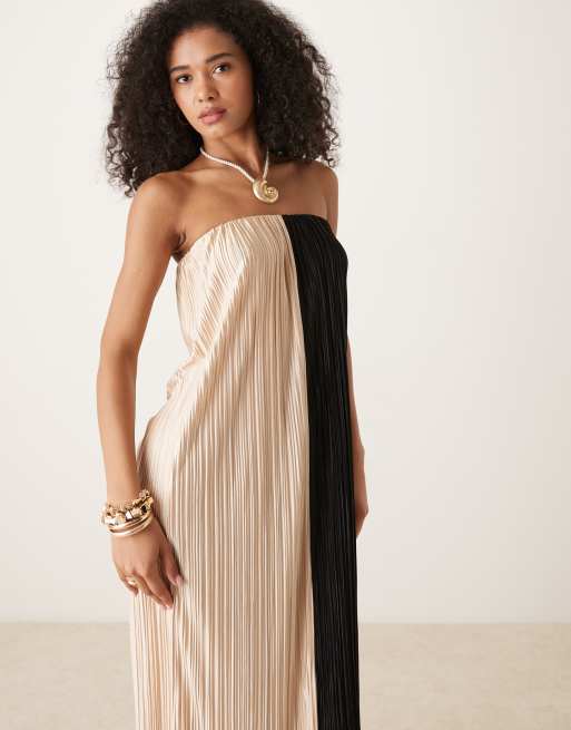ASOS DESIGN - Plisseret bandeau-midikjole med beige og sort farveblok-design, 3 af 4