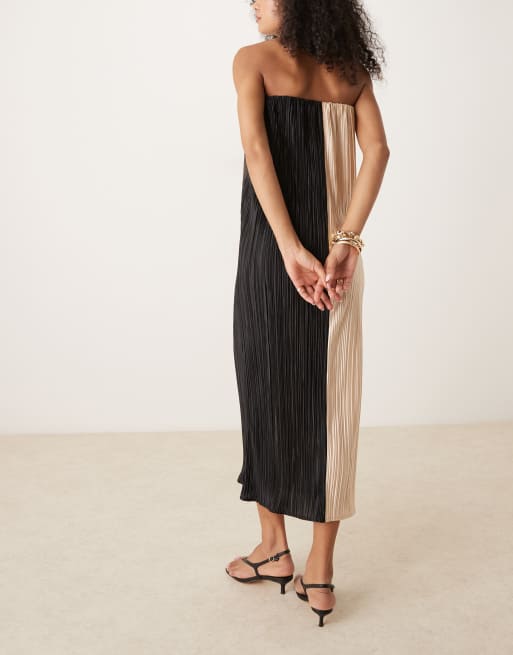 ASOS DESIGN - Plisseret bandeau-midikjole med beige og sort farveblok-design, 4 af 4