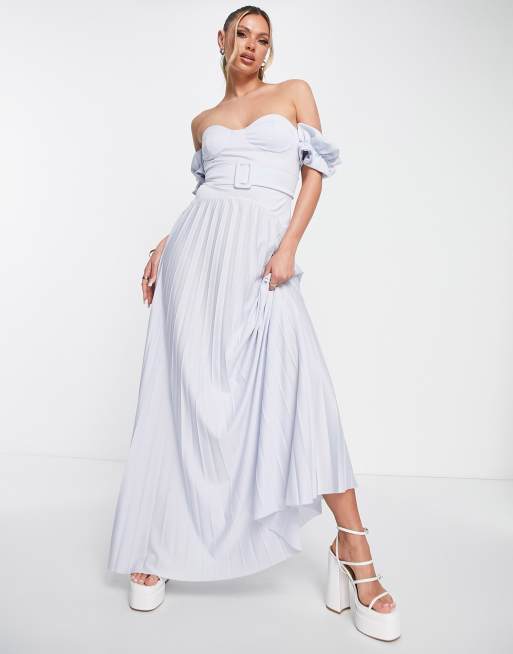 ASOS DESIGN - Plisseret Bardot-maxikjole med bælte i mørkeblå