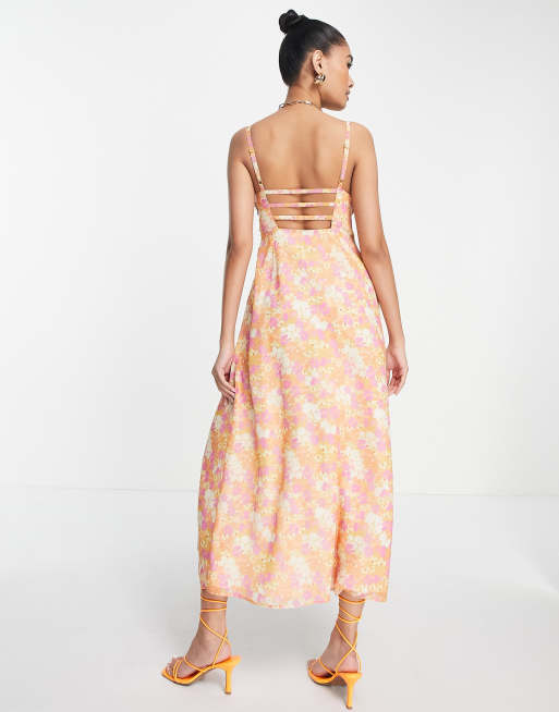 ASOS DESIGN - Plisseret cami-midikjole med slids i koralfarvet blomsterprint								, 2 af 4