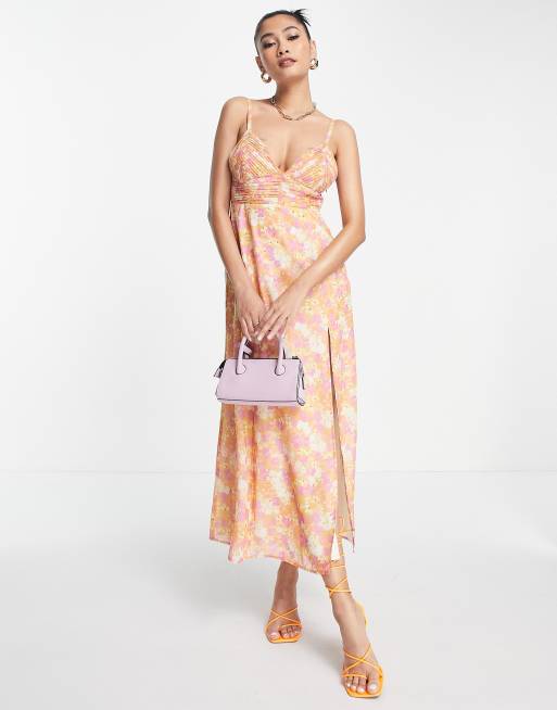 ASOS DESIGN - Plisseret cami-midikjole med slids i koralfarvet blomsterprint								, 4 af 4