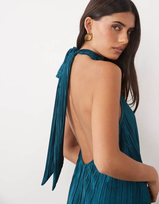 ASOS DESIGN plisseret halterneck minikjole med flæsekant i petrol, 2 af 4
