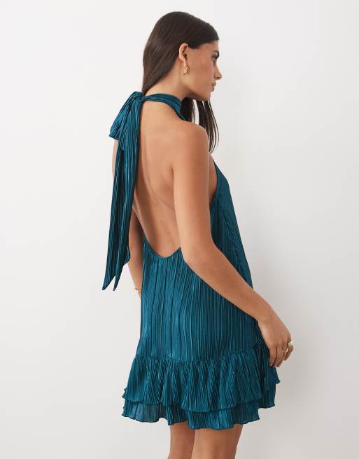 ASOS DESIGN plisseret halterneck minikjole med flæsekant i petrol, 4 af 4