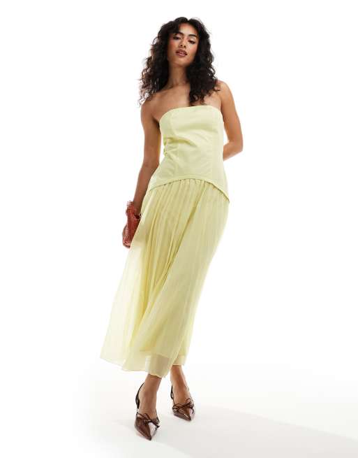 ASOS DESIGN - Plisseret limegul bandeau-midikjole i twill og chiffon
