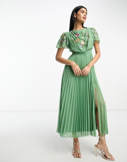 ASOS DESIGN - Plisseret maxikjole med broderier og vandfaldsudskæring foran i salviegrønt dobby