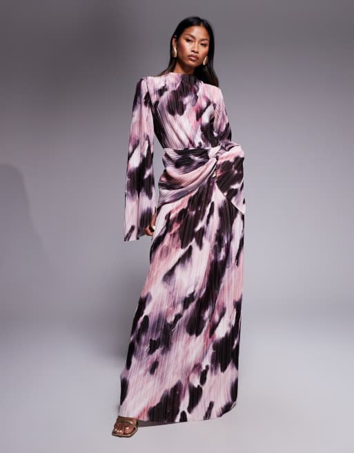 ASOS DESIGN - Plisseret maxikjole med lange ærmer og draperinger i sløret pastelfarvet print