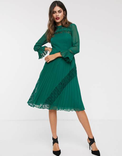 ASOS DESIGN - Plisseret midi skaterkjole med lange ærmer og blonderindlæg, 4 af 4