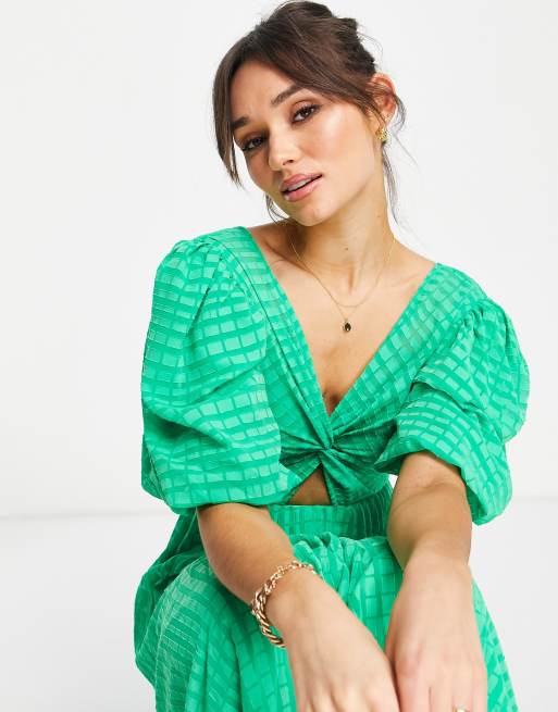 ASOS DESIGN - Plisseret midi-skaterkjole med snoet front i smaragdgrøn dobby, 4 af 4