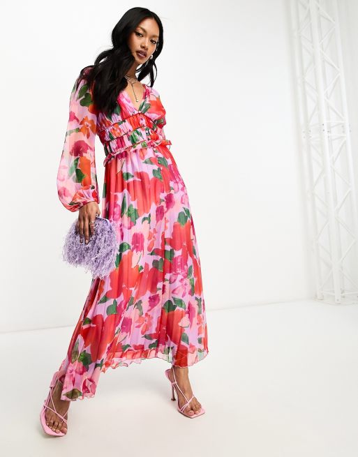ASOS DESIGN - Plisseret midikjole med knapper og rynket talje i blomstermønster, 3 af 4