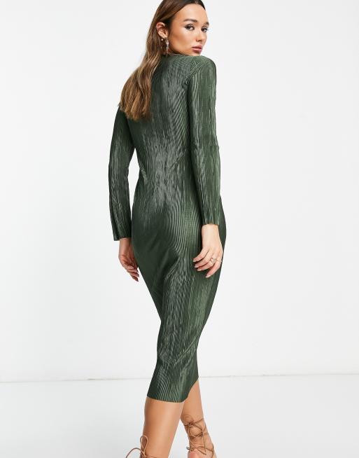 ASOS DESIGN - Plisseret midikjole med krydsende detalje foran i kakigrøn, 2 af 4