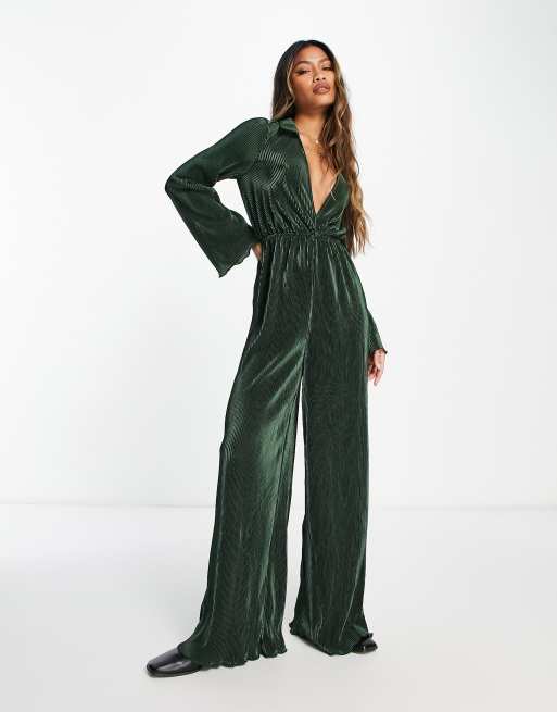ASOS DESIGN - Plisseret og langærmet jumpsuit i kaki