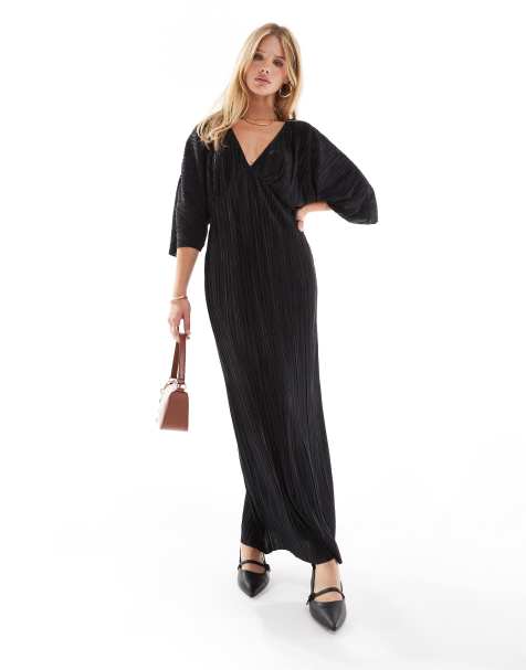 ASOS DESIGN - Plisseret og sort midikjole med v-hals og flagermusærmer - view 1
