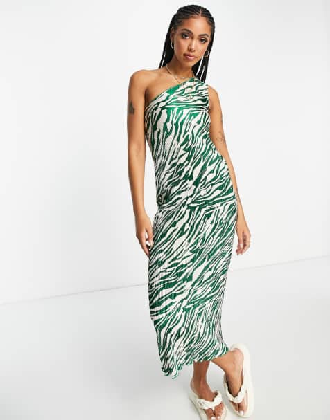 ASOS DESIGN - Plisseret oneshoulder midikjole i grøn og creme zebramønster - view 1