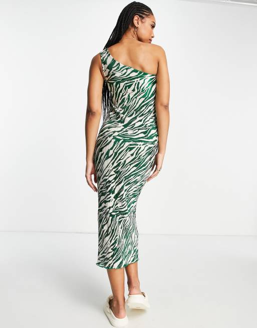 ASOS DESIGN - Plisseret oneshoulder midikjole i grøn og creme zebramønster , 2 af 4