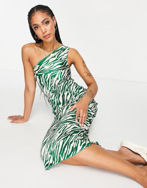 ASOS DESIGN - Plisseret oneshoulder midikjole i grøn og creme zebramønster , 3 af 4