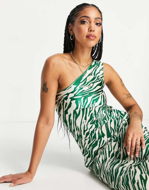 ASOS DESIGN - Plisseret oneshoulder midikjole i grøn og creme zebramønster , 4 af 4