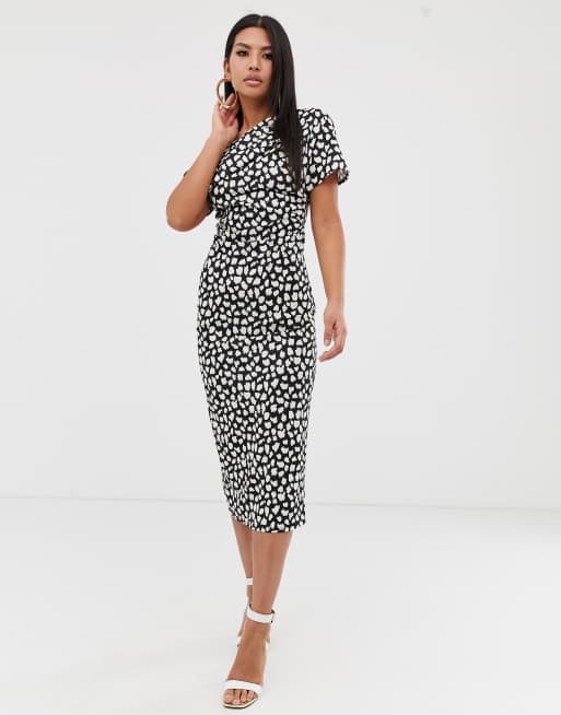 ASOS DESIGN - Plisseret oneshoulder pencil-midikjole i sort og hvidt prikket print, 4 af 4