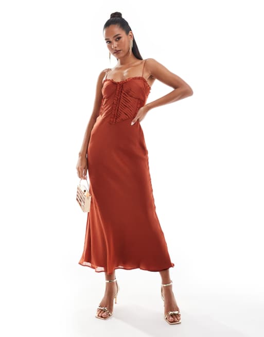 ASOS DESIGN - Plisseret rustfarvet midaxikjole med skråsnit og snøreryg