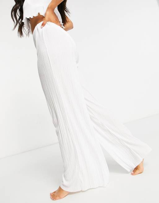 ASOS DESIGN – Plissierte Strandhose mit weitem Bein in Weiß, Kombiteil