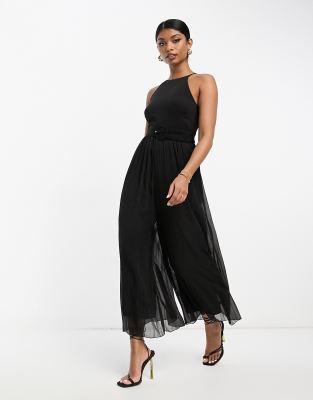 ASOS DESIGN - Plissierter Jumpsuit in Schwarz mit Gürtel-Black