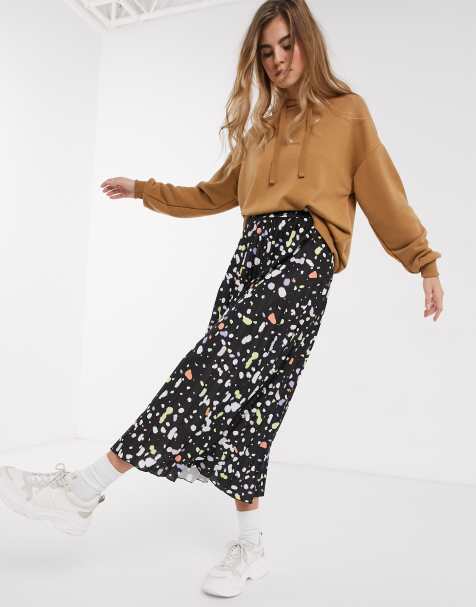 ASOS DESIGN – Plissierter Midirock mit farbigem Fleckenmuster
