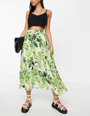 ASOS DESIGN - Plissierter Midirock mit gesmokter Taille und abstraktem, leuchtendem Blumenmuster-Bunt