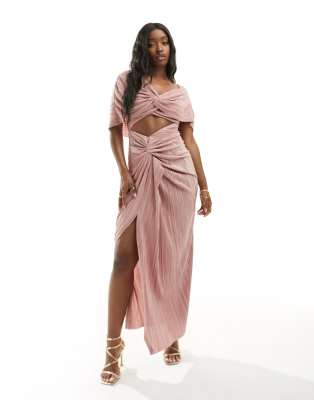 ASOS DESIGN - Plissiertes 2-in-1-Maxikleid in Blush mit abfallender Schulterpartie-Rosa