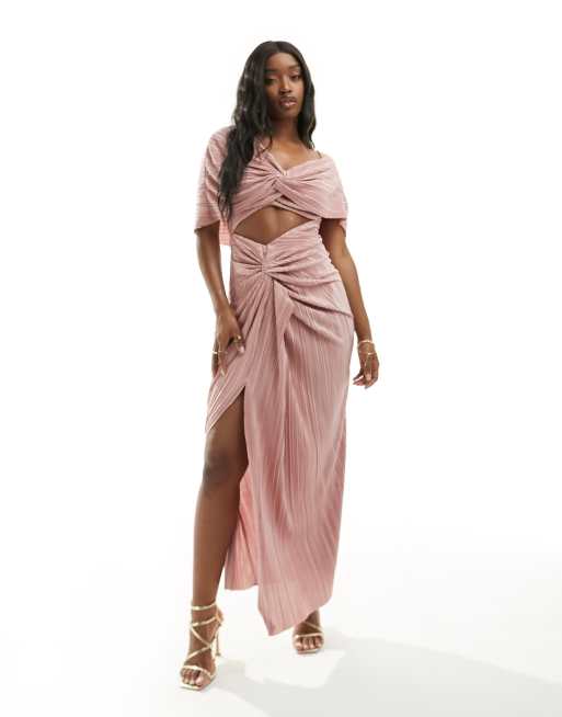 ASOS DESIGN – Plissiertes 2-in-1-Maxikleid in Blush mit abfallender Schulterpartie
