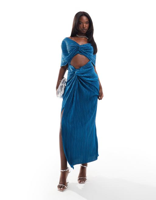 ASOS DESIGN – Plissiertes 2-in-1-Maxikleid in Petrolblau mit abfallender Schulterpartie, 4 von 4
