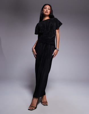 ASOS DESIGN - Plissiertes, ärmelloses Maxikleid in Schwarz mit verdrehtem Detail vorn