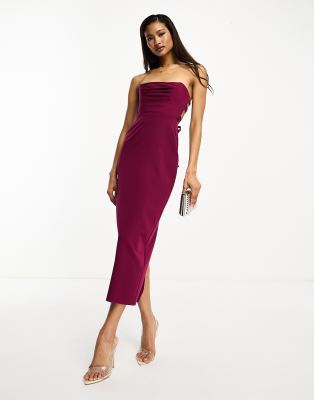 ASOS DESIGN - Plissiertes Bandeau-Midikleid mit Schnürung hinten in Lila