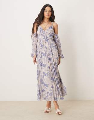 ASOS DESIGN - Plissiertes Bardot-Midaxikleid mit Blumenprint und tiefem Ausschnitt-Bunt