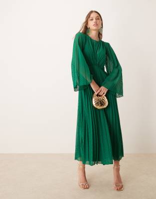 ASOS DESIGN - Plissiertes, hinten gebundenes Chiffon-Midikleid in Grün mit Trompetenärmeln und Winkelstreifenmuster