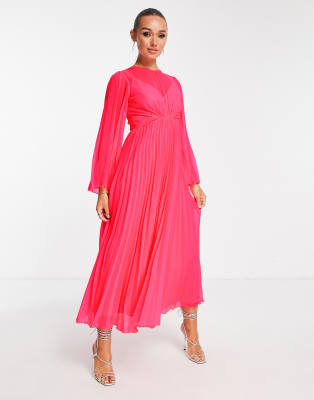 ASOS DESIGN - Plissiertes, hinten gebundenes Midikleid in Fluro-Rosa mit Trompetenärmeln