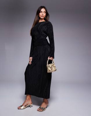 ASOS DESIGN - Plissiertes, hochgeschlossenes Maxikleid in Schwarz mit Wickelbund und langen Ärmeln