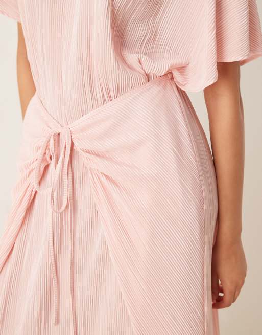 ASOS DESIGN – Plissiertes, kurzärmliges Maxikleid in Babyrosa mit Wickeldesign zum Binden, 3 von 4