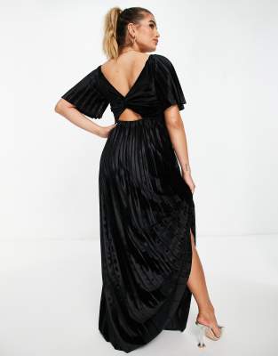 ASOS DESIGN - Plissiertes Maxikleid aus Samt mit Knotendesign hinten und Empire-Linie in Schwarz