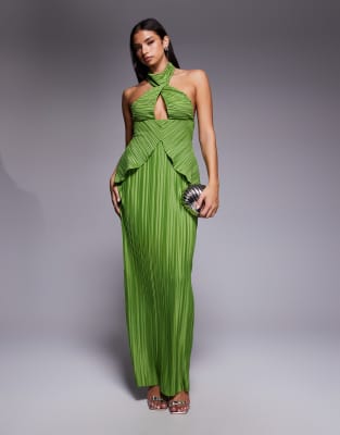 ASOS DESIGN - Plissiertes Maxikleid in Grün mit verdrehtem Neckholder