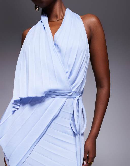ASOS DESIGN – Plissiertes Maxikleid in Hellblau mit tiefem Ausschnitt und asymmetrischem Wickeldetail, 3 von 4