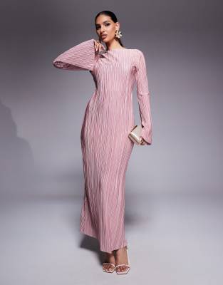 ASOS DESIGN - Plissiertes Maxikleid in Hellrosa mit tiefem Rückenausschnitt und Trompetenärmeln