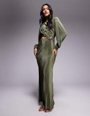 ASOS DESIGN - Plissiertes Maxikleid in khakifarbener Cordoptik mit Cocoon-Ärmeln und Metall-Detail-Grün