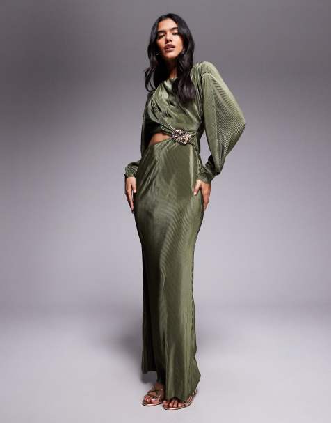 ASOS DESIGN – Plissiertes Maxikleid in khakifarbener Cordoptik mit Cocoon-Ärmeln und Metall-Detail - view 1