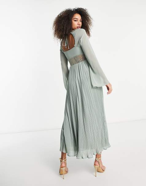 ASOS DESIGN – Plissiertes Maxikleid in Salbeigrün mit Spitzeneinsatz in der Taille und Volantärmeln - view 1